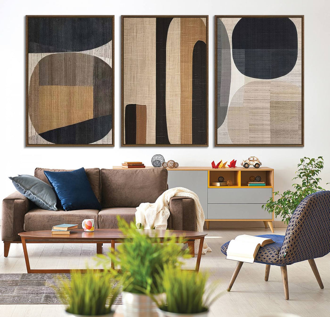 A stylish living room exuding modern elegance features the Abstract Minimalist Canvas Wall Art in a neutral geometric design.