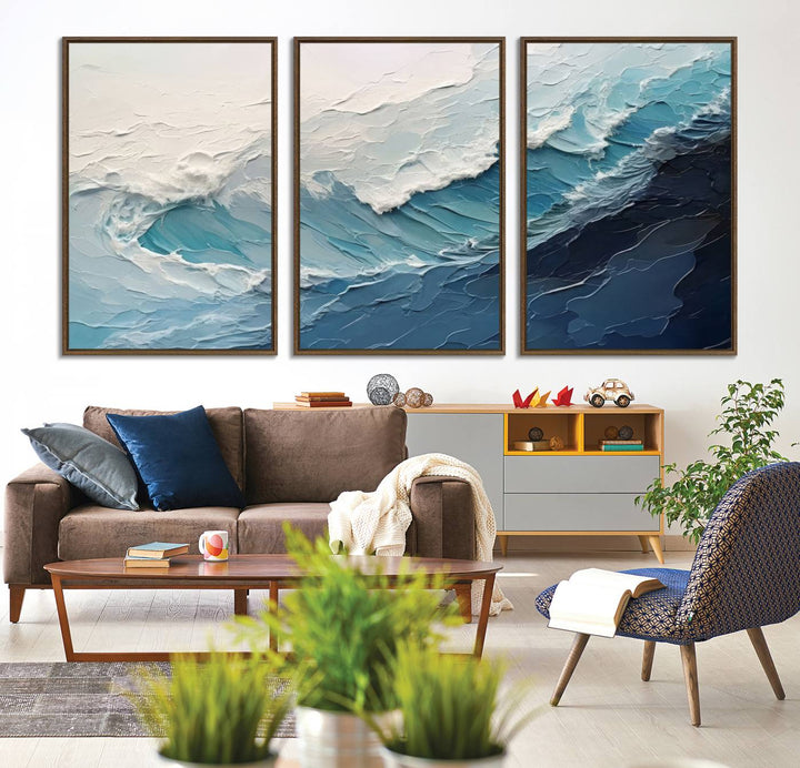 A Blue Abstract Wave Ocean Wall Art Canvas Print adorns the wall.