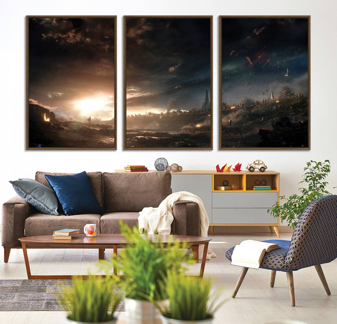 The Avengers Planet Wall Art Canvas Print depicts a stormy sky with figures.