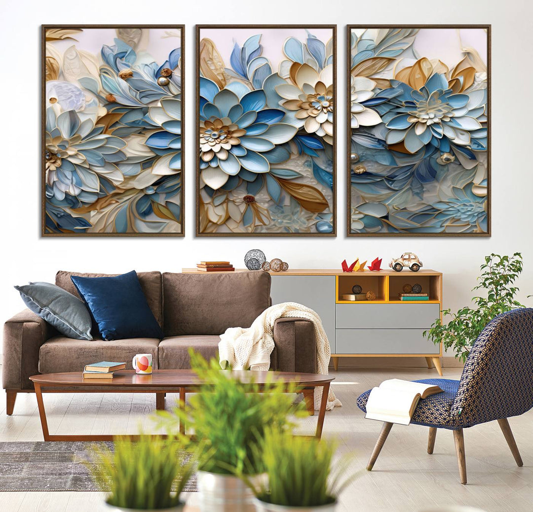 Blu Abstract Flower Canvas with blue, white, and gold petals—perfect home decor.