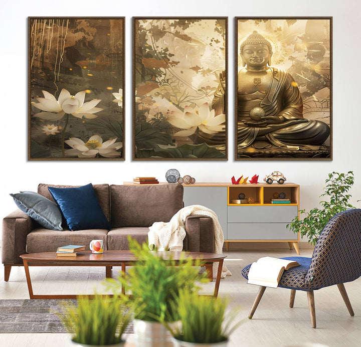 The living room features the Zen Buddha Wall Art Canvas Print with lotus flowers.