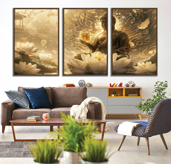 A framed Golden Buddha Wall Art with lotus flowers, ideal for meditation rooms, is beautifully displayed.