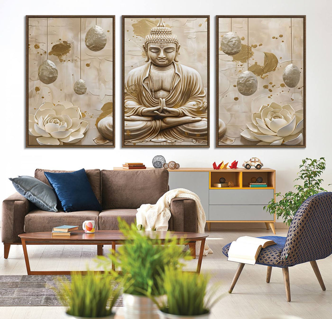 A modern Serene Buddha Wall Art, enhanced by lotus flowers, creates a tranquil atmosphere.