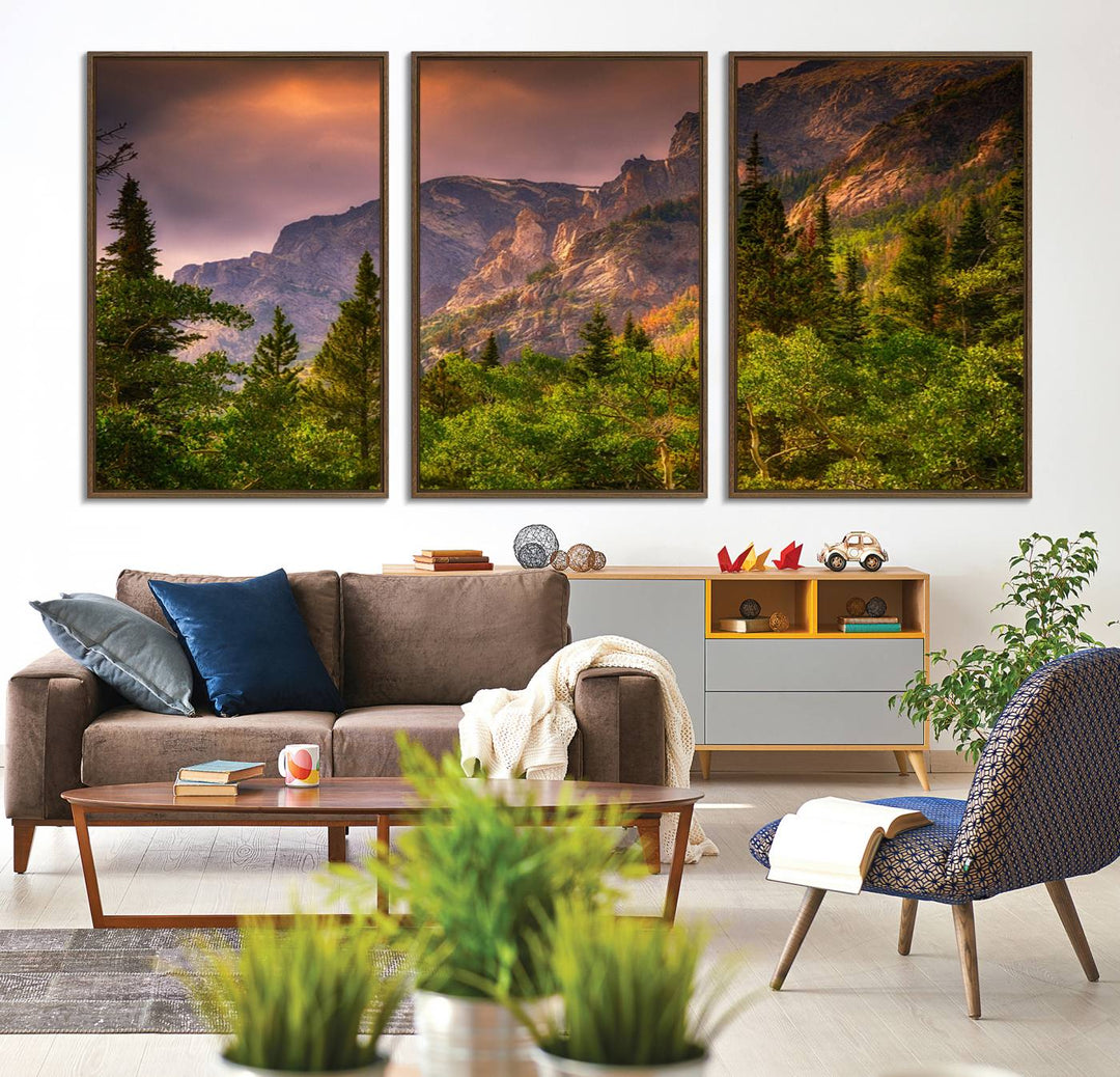 The Colorado Rockies Mountains wall art canvas print at sunset is displayed prominently.