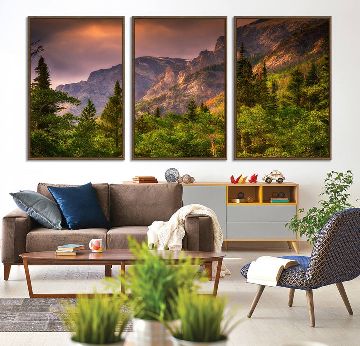 The Colorado Rockies Mountains wall art canvas print at sunset is displayed prominently.