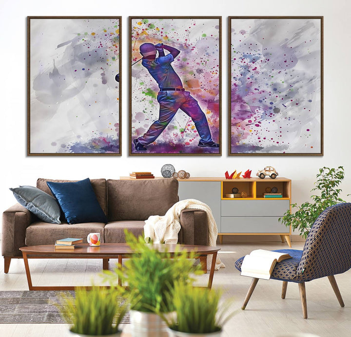 Vibrant abstract silhouette of a golf swing on white with multicolored splatters. Perfect for enthusiasts!.