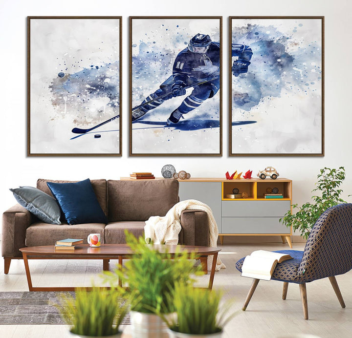 Vibrant Hockey Player Wall Art Display: Blue watercolor print.