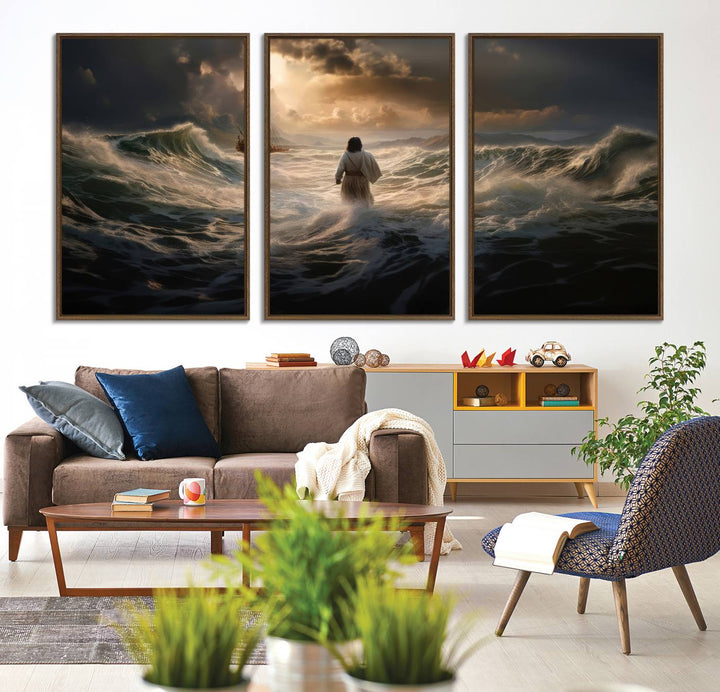 The wall art canvas print depicts a person in white striding on stormy ocean waves towards a sailboat under dramatic skies.