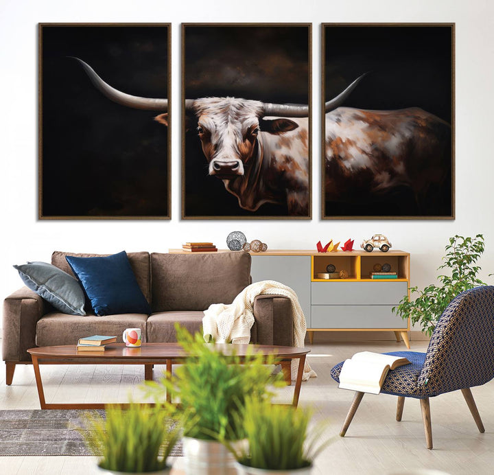 A modern kitchen featuring a Texas Longhorn Wall Art Canvas Print.