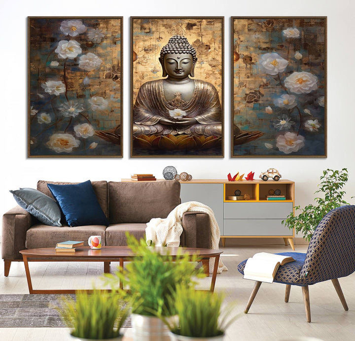 Golden Buddha wall art canvas print on a warm backdrop.