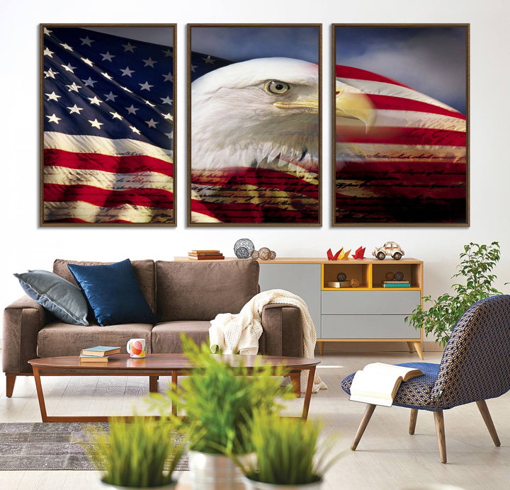 On the wall is an American Flag Eagle Symbol Wall Art Canvas Print.