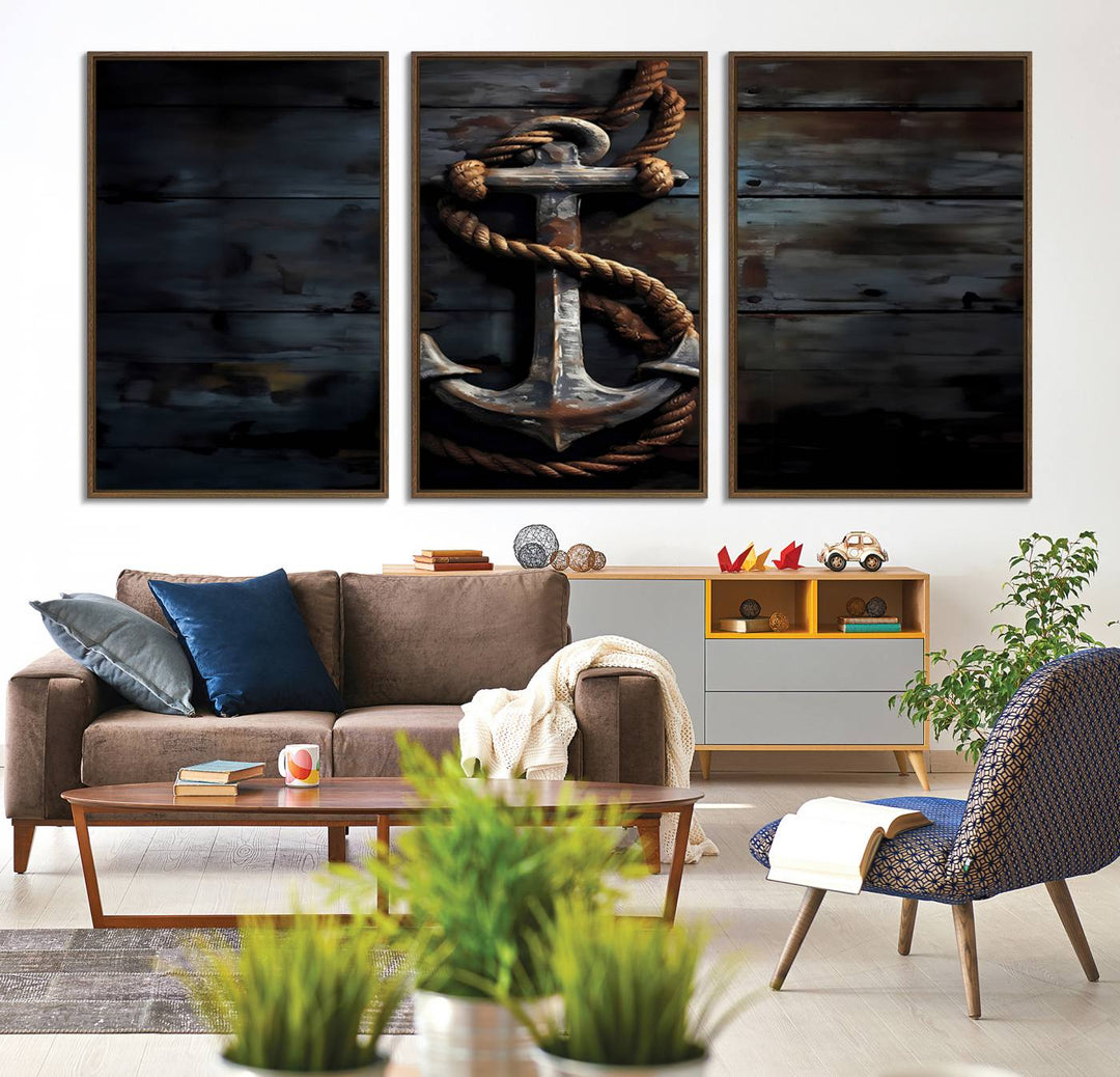 The wooden wall displays a 3 Panel Grunge Abstract Anchor Wall Art Canvas Print Set.