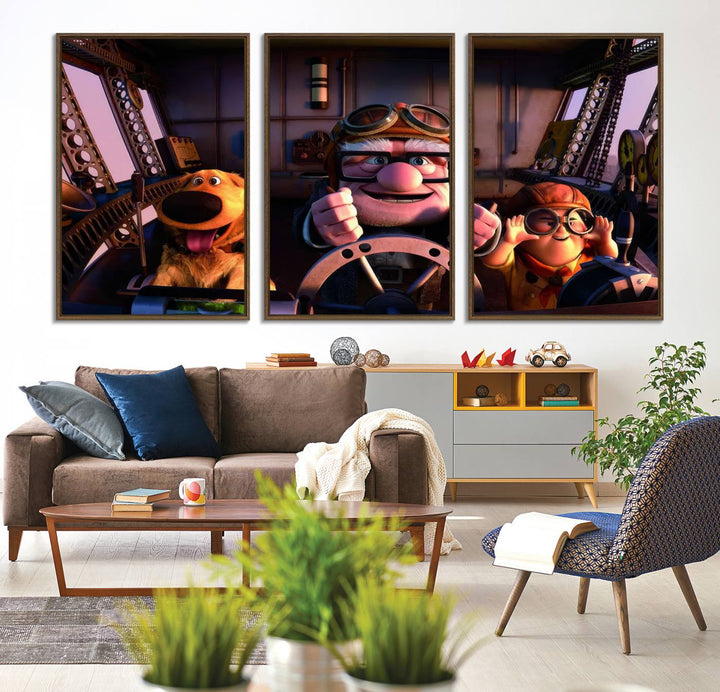 A man, boy, and dog flying a plane are depicted in the Carl Russel & Dog Movie Up wall art.