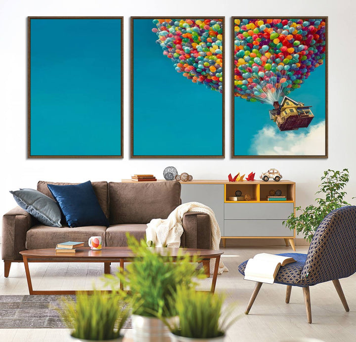 The Carl Fredricksen Up Movie Wall Art, featuring a colorful balloon house, adds vibrant decor to the space.