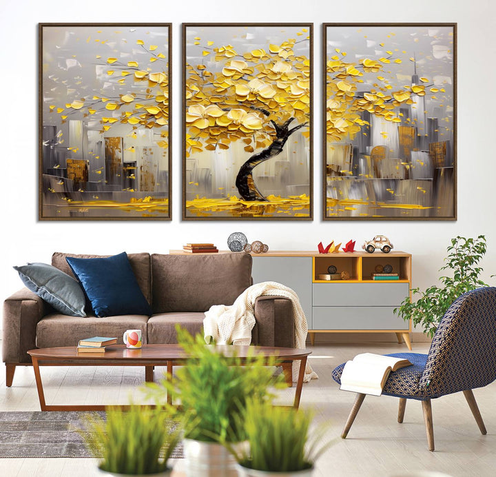 Golden Tree Canvas Print: Abstract wall art featuring golden leaves over a cityscape, ideal for modern homes. Ready to hang.