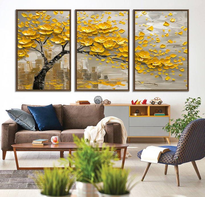 The living room showcases a Yellow Blossom Tree Canvas Wall Art, modern and floral.