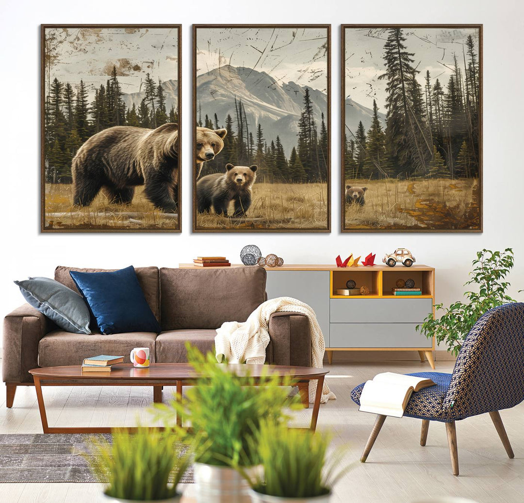 Rustic Grizzly 399: Bear Family Wall Art Canvas Print.