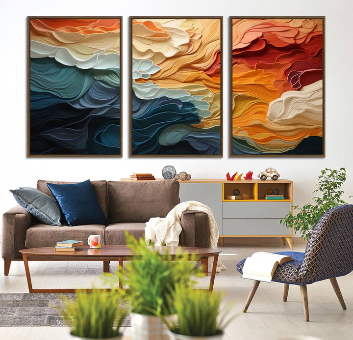 Blue Orange Abstract Wave Wall Art Canvas Print.