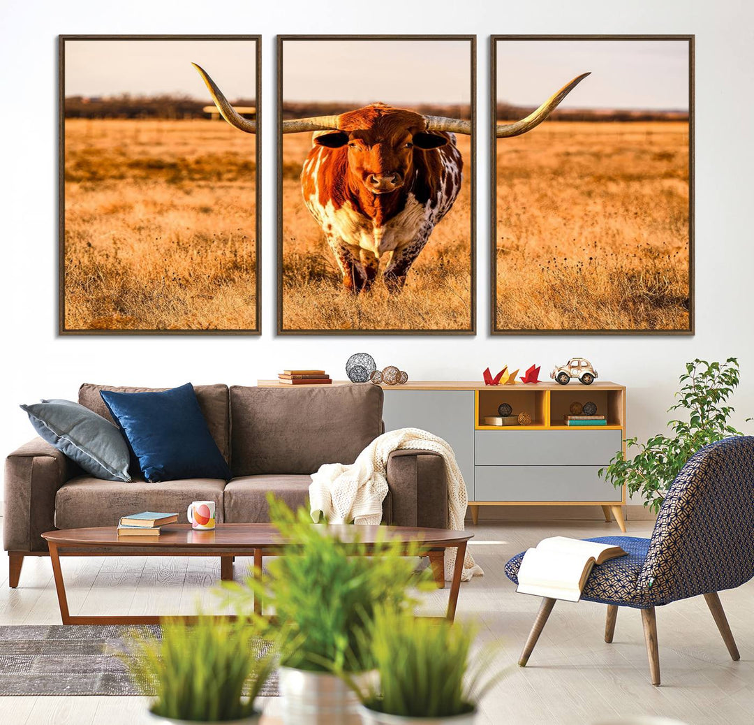 The Longhorn Cow Wall Art framed canvas brings rustic charm and farmhouse decor with its warm field scene.