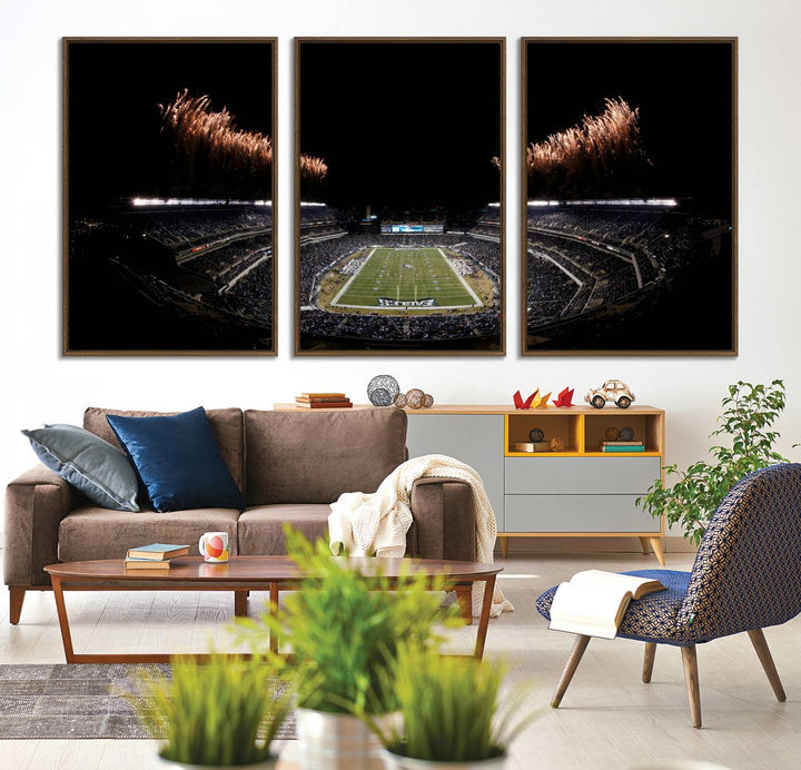 Eagles Stadium Wall Art depicting a nighttime game and fireworks at Lincoln Financial Field.