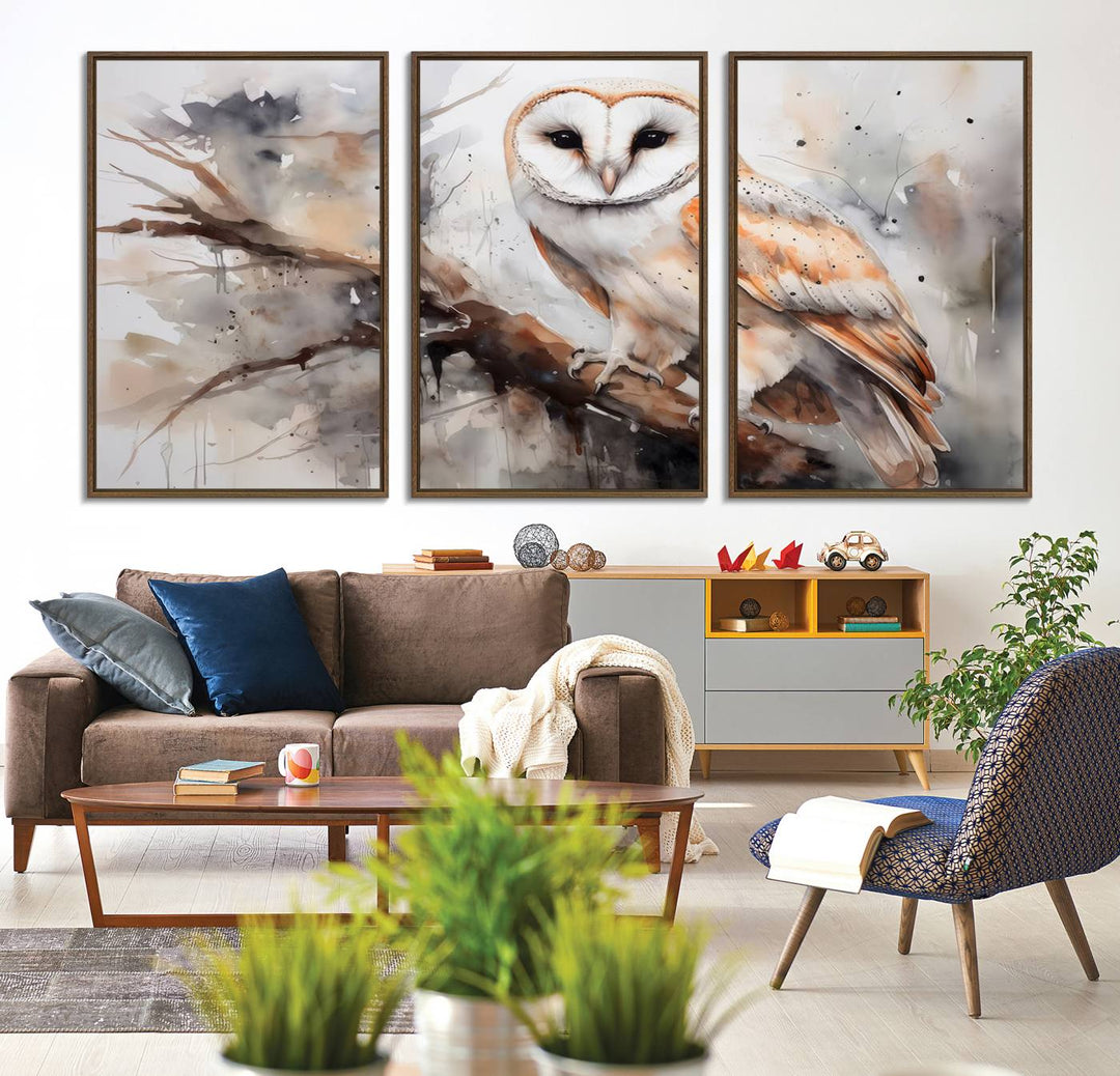 The Barn Owl Wall Art watercolor canvas adds a rustic twist to farmhouse decor.