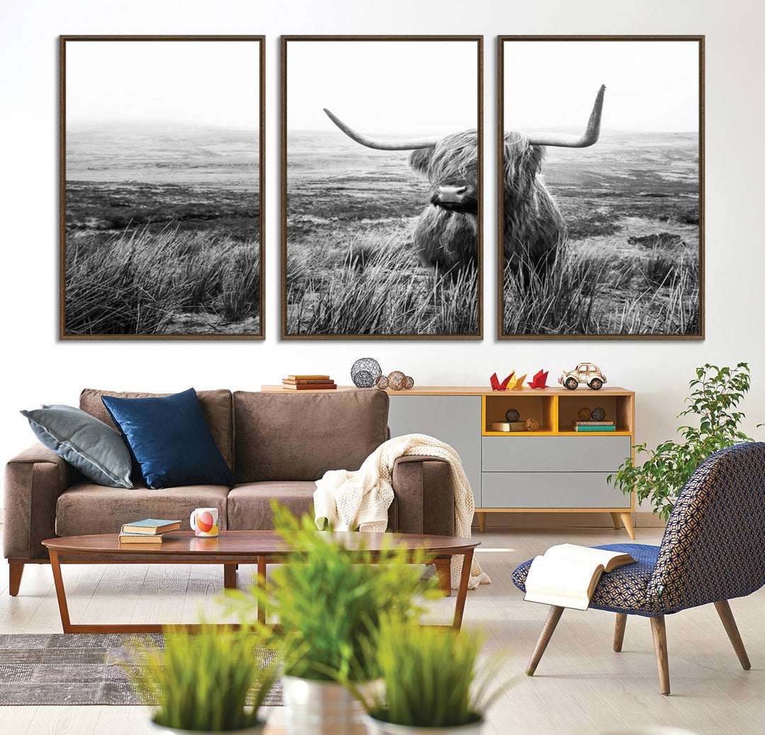 The Scottish Highland Cow black and white canvas print adds rustic farmhouse charm to any wall.