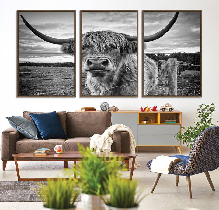 The Scottish Highland Cow Wall Art Canvas Print is ready to hang and framed, adding rustic farmhouse decor to your wall.