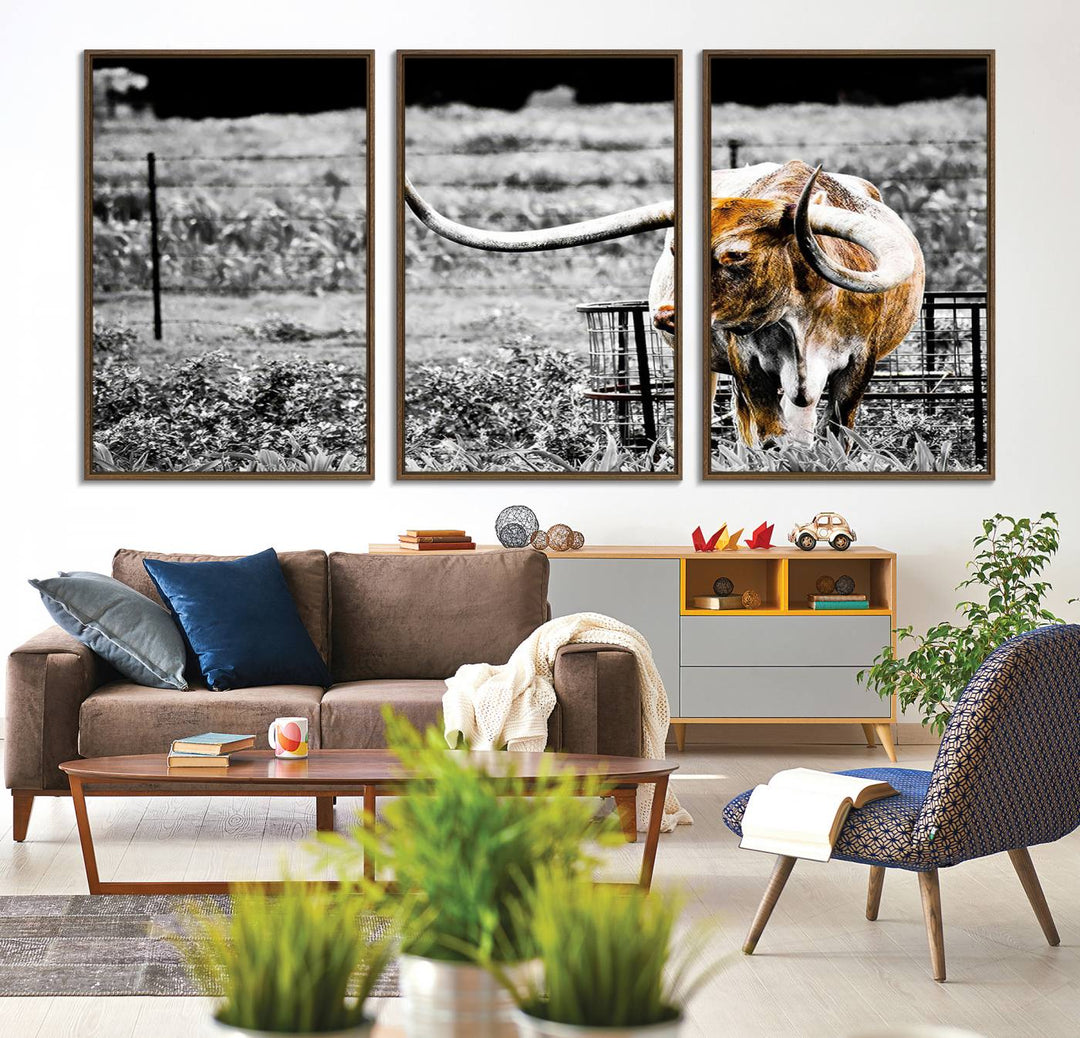 Majestic Texas Longhorn Cow Wall Art features a ready-to-hang canvas print that complements rustic farmhouse décor.