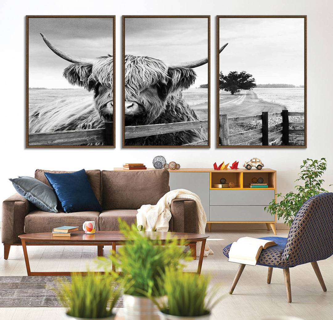 The Scottish Highland Cow Wall Art, a black and white canvas print, enhances rustic farmhouse décor.