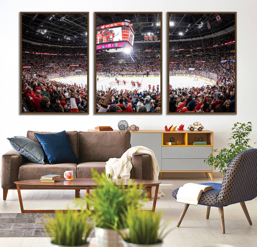 The wall art, a high-quality basketball arena canvas, evokes the excitement of fans cheering at the Amerant Bank Arena.