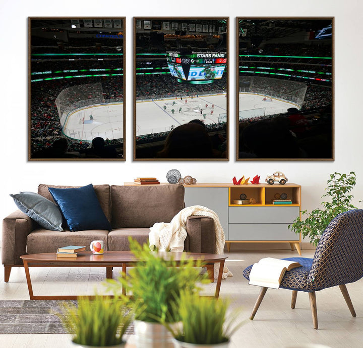 The Dallas Stars Wall Art Canvas Print is as clear as the scoreboard stats at a hockey game in a large arena with bright lights.