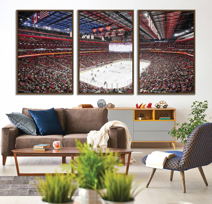 A Barton Malow canvas depicting Little Caesars Arena from above is beautifully printed in high resolution for your wall.