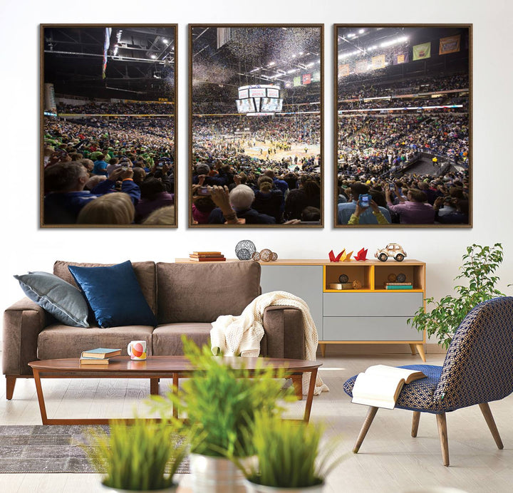 Our ready-to-hang canvas print captures the vibrant scene of the Bridgestone Arena illuminated with fans and confetti.