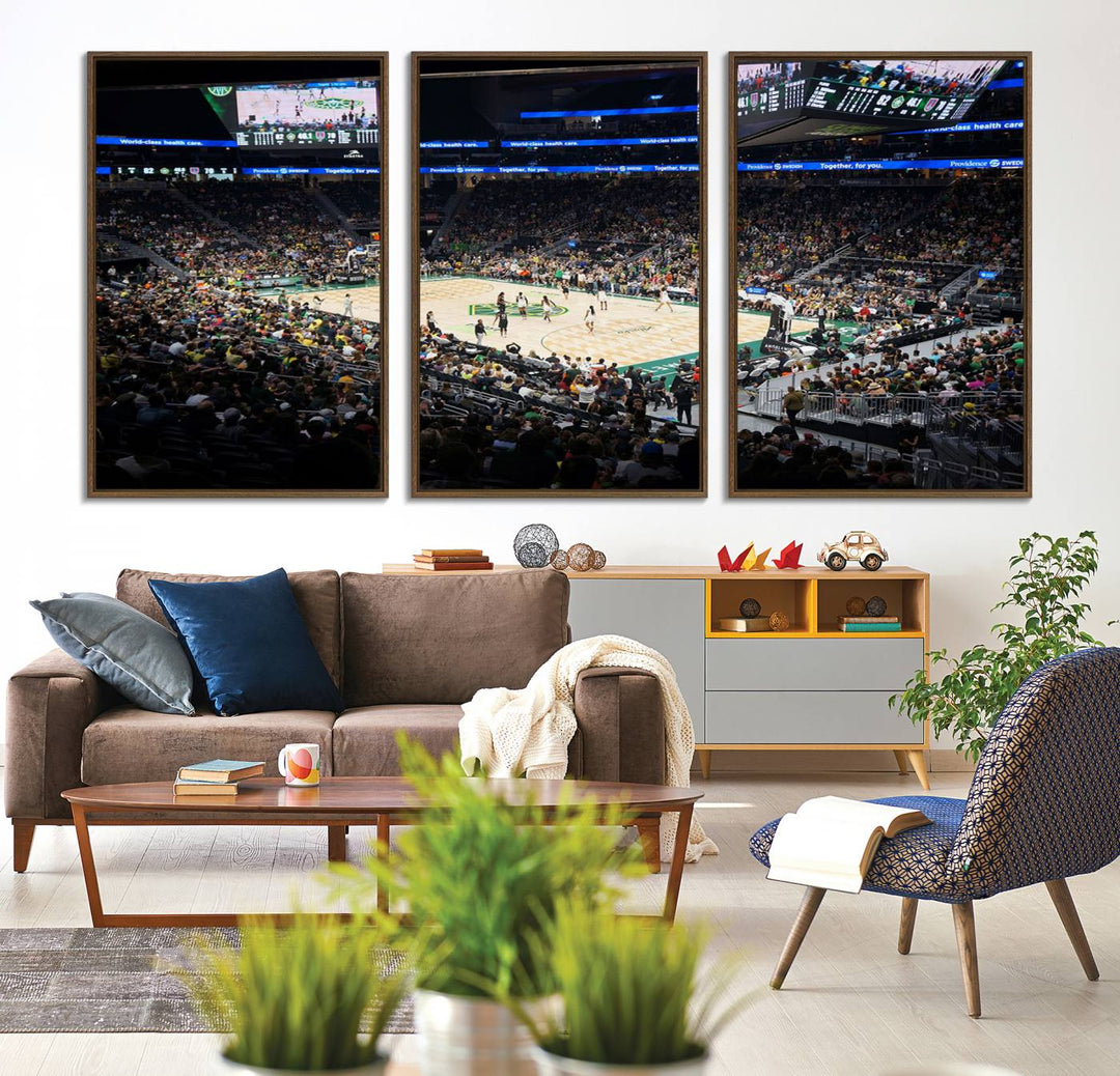 The Canvas Print of Climate Pledge Arena featuring the Seattle Kraken enhances a living room wall.