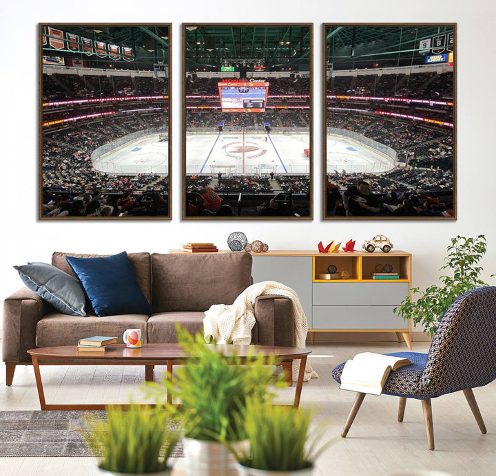 The wall art of the Honda Center California Anaheim Ducks Ice Hockey Stadium features a depiction of the rink and scoreboard from the perspective of the upper deck.