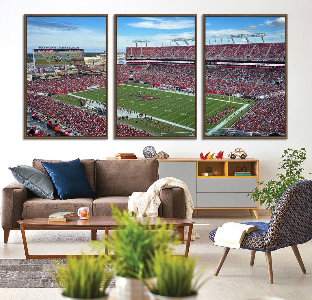 The Florida Tampa Raymond James Stadium Wall Art Canvas Print is featured above the cabinet.