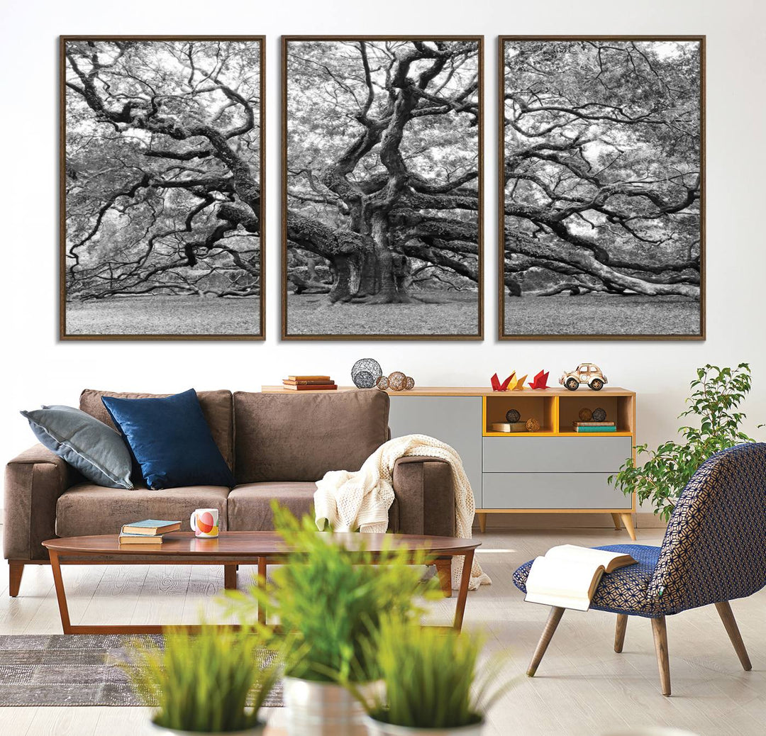 The Black White Angel Oak Tree wall art adds timeless, nature-inspired decor.