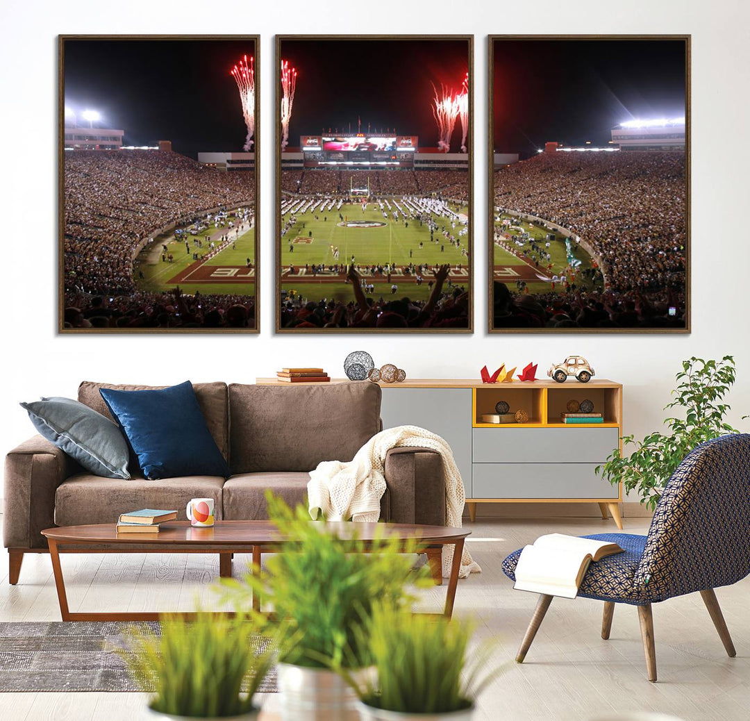 A vibrant wall art piece of the Florida State Seminoles sets a lively tone, depicting scenes filled with energy and celebration.