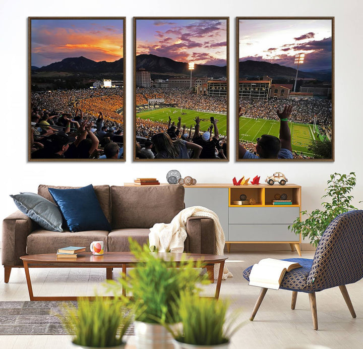 The Folsom Field Stadium Print beautifully captures the Colorado Buffaloes stadium at sunset, set against a stunning mountain backdrop.