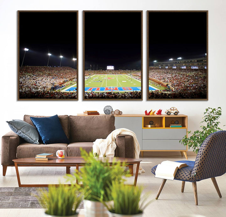 Wide-angle view of a vibrant painting depicting SMU Mustangs Football at Dallas Gerald J. Ford Stadium, capturing the energy and excitement of a filled stadium and brightly lit field.