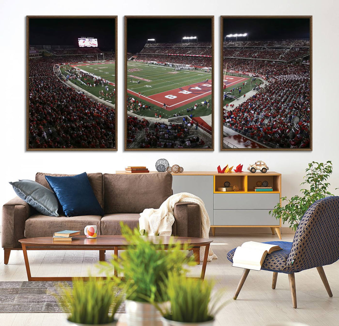 Aerial view of TDECU Stadium at night on the Houston Cougars Football Wall Art Canvas Print.