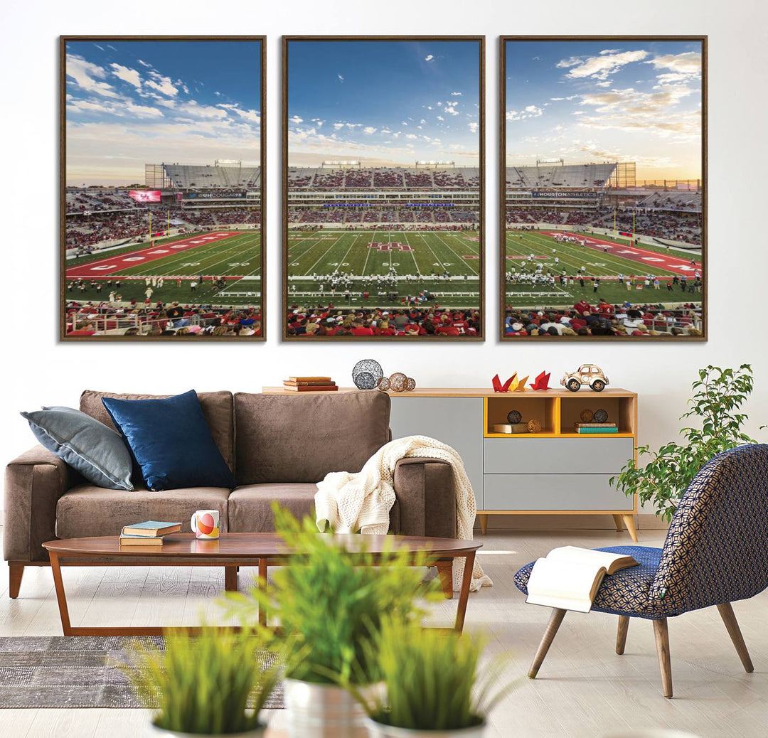 A Houston Cougars print of TDECU Stadium with a game crowd beautifully enhances the living room decor.