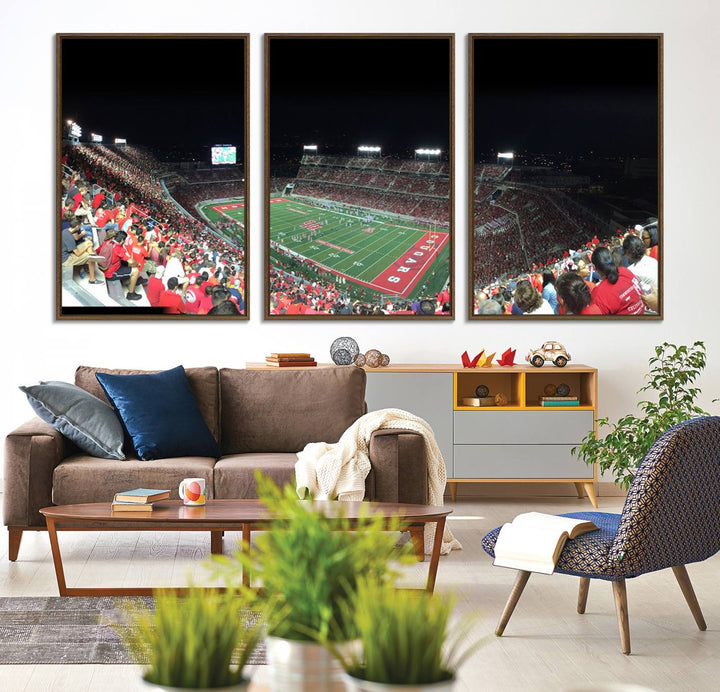 The wall art canvas print features a scene from a packed TDECU Stadium at night, highlighting the field and scoreboard.