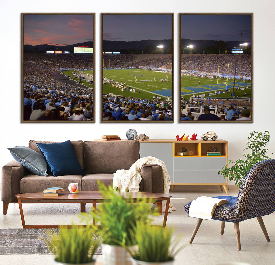 Admire the stunning wall art canvas depicting a UCLA Bruins game with a sunset over the Pasadena Rose Bowl Stadium.