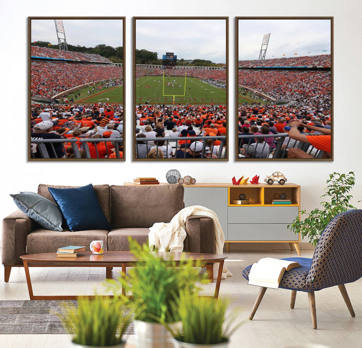 The Virginia Cavaliers Wall Art Canvas Print features a thrilling game at Scott Stadium surrounded by greenery.