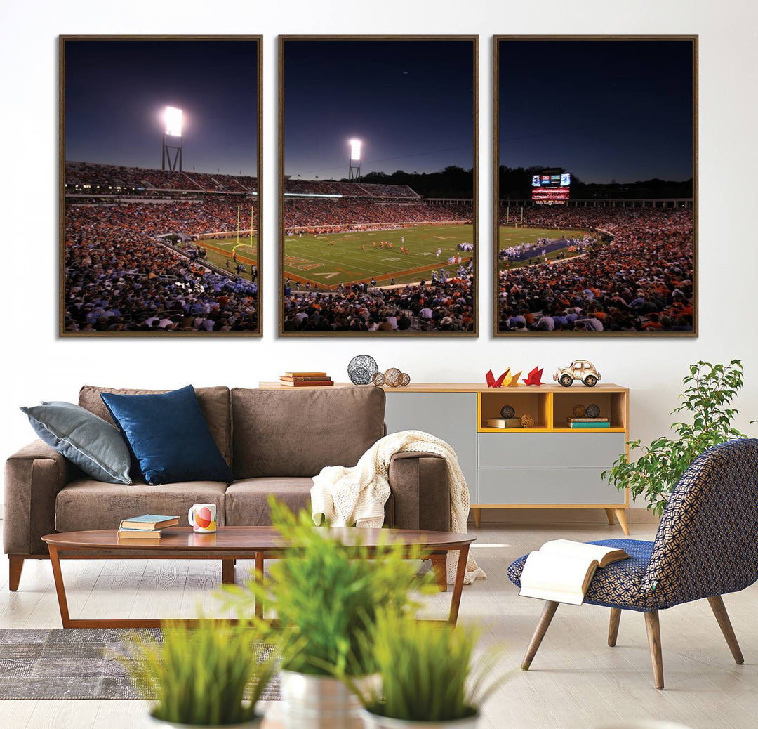 A nighttime game at Scott Stadium, floodlit—a scene from the Virginia Cavaliers Football art print.