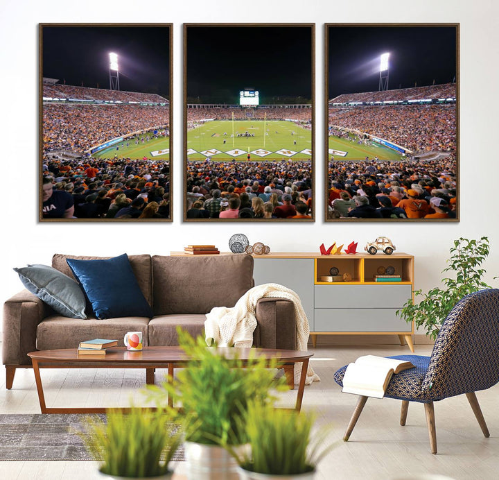 A Virginia Cavaliers Wall Art Canvas Print captures Scott Stadium filled with fans under the night sky.