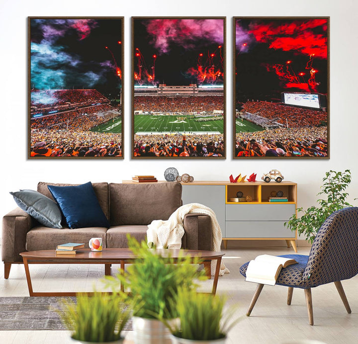 A Hokies football canvas print displays Lane Stadium at night with fireworks.