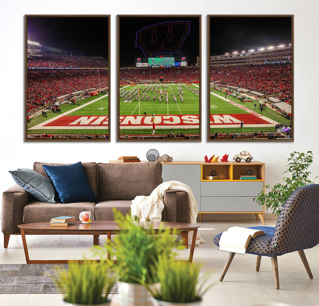 A premium canvas print captures a vibrant scene of Camp Randall Stadium featuring a lively football game with cheering fans and the energetic movements of the band.