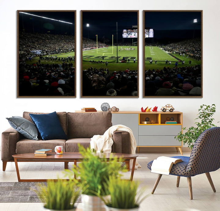 A Purdue Boilermakers canvas print beautifully showcases Ross–Ade Stadium in West Lafayette, vibrant with fans and a large screen display.